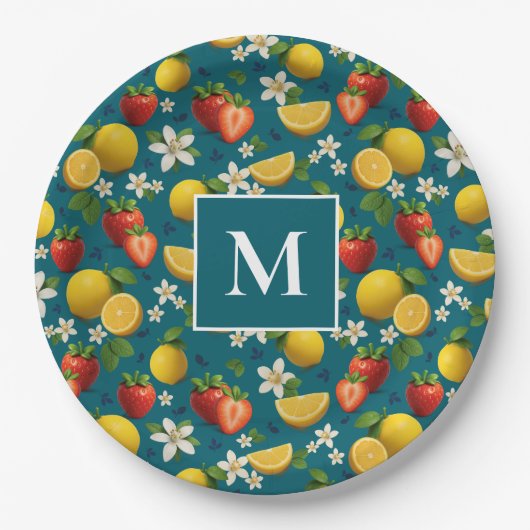 Erdbeere und Lemon Blossom Muster auf blau Pappteller (Vorderseite)