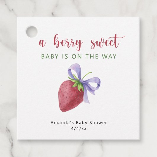 Erdbeere und lila Bugbrust Kinderdusche Geschenkanhänger (Vorderseite)