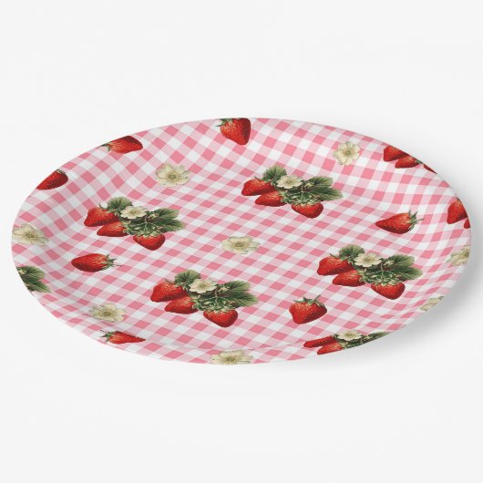Erdbeere und niedliche Gingham-Teller Pappteller (Schrägansicht)