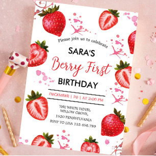 Erdbeere und Weißes Party 1. Geburtstag für Mädche Einladung