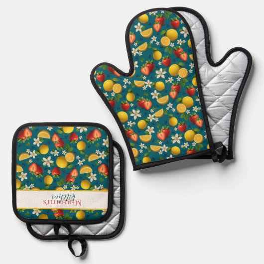 Erdbeere und Zitrone Frisches Fruchtmuster Ofenhandschuh & Topflappen-Set (Vorderseite/Rückseite)