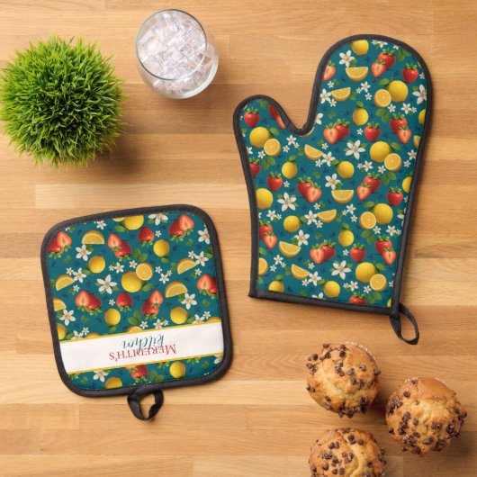Erdbeere und Zitrone Frisches Fruchtmuster Ofenhandschuh & Topflappen-Set (Oben Unten)