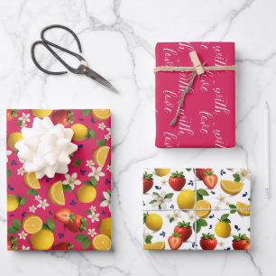 Erdbeere und Zitronenmuster mit Blumenmuster mit L Geschenkpapier Set