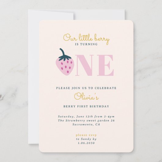 Erdbeere zum ersten Geburtstag Einladung (Vorderseite)
