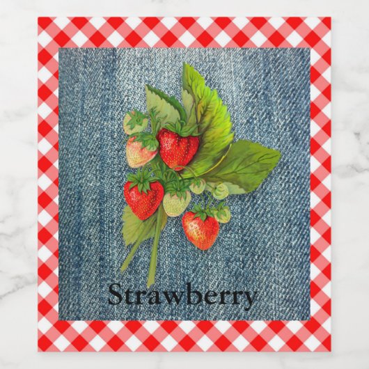 Erdbeeren auf Denim und Gingham Look Background Weinetikett (Einzelnes Label)