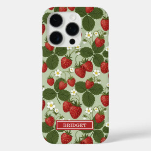 Erdbeeren auf grünem Monogramm iPhone 16 Pro Hülle