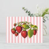 Erdbeeren auf rosa und weiße Streifen Einladung (Stehend Vorderseite)