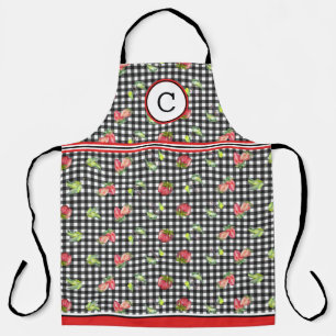 Erdbeeren auf schwarzem Gingham mit Monogramm Schürze
