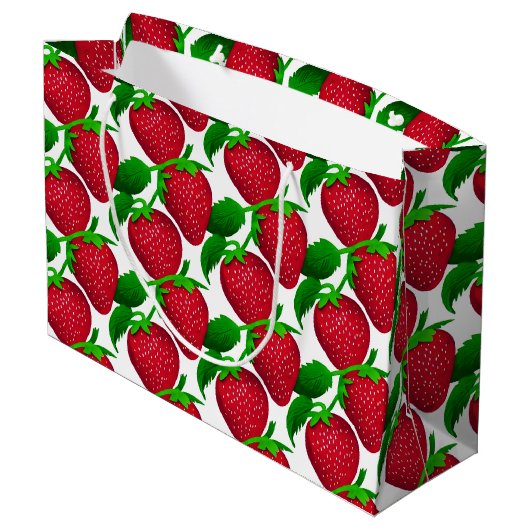 Erdbeeren auf weißem Grundmuster Große Geschenktüte (Rückseite Schrägansicht)