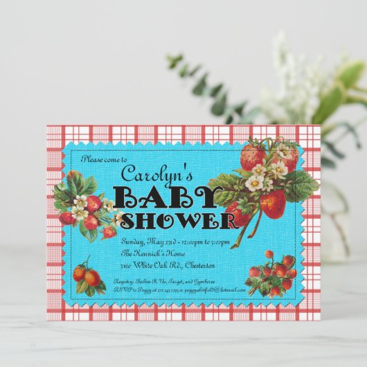 Erdbeeren Babydusche Einladung (Stehend Vorderseite)