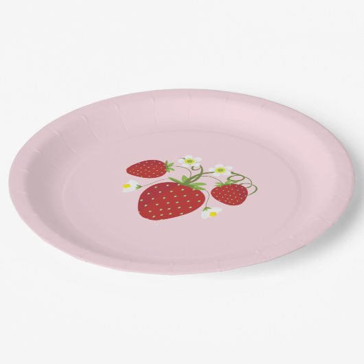 Erdbeeren Babydusche Teller| Rosa Pappteller (Schrägansicht)