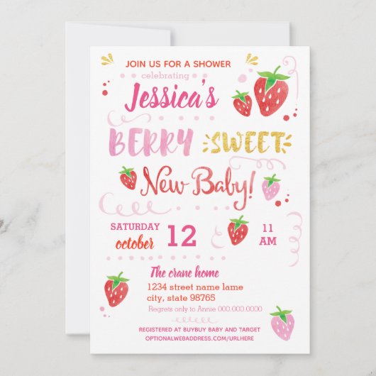 Erdbeeren BERRY SWEED Babydusche Wasserfarbe Einladung (Vorderseite)