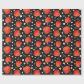 - Erdbeeren & Blüten auf Schwarz Geschenkpapier (Flach)