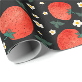 - Erdbeeren & Blüten auf Schwarz Geschenkpapier (Rolleneckpunkt)