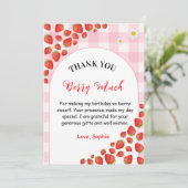 Erdbeeren erste Gingham-Geburtstags-Dankeskarten Karte (Stehend Vorderseite)