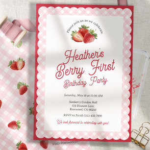 Erdbeeren Erster Erdbeeren Geburtstag mit Rosa Gin Einladung