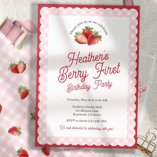Erdbeeren Erster Erdbeeren Geburtstag mit Rosa Gin Einladung