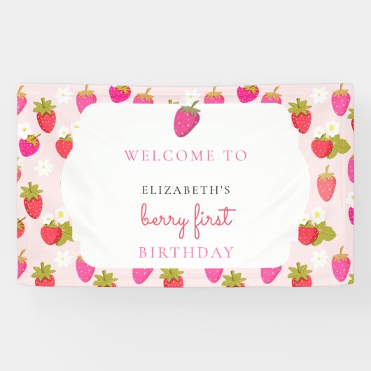 Erdbeeren Erster Geburtstag Willkommen Strawberry Banner (Horizontal)