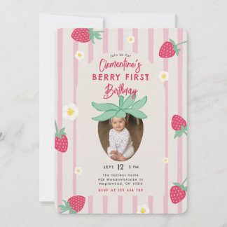 Erdbeeren-Erstgeburtstagseinladung mit Foto Einladung