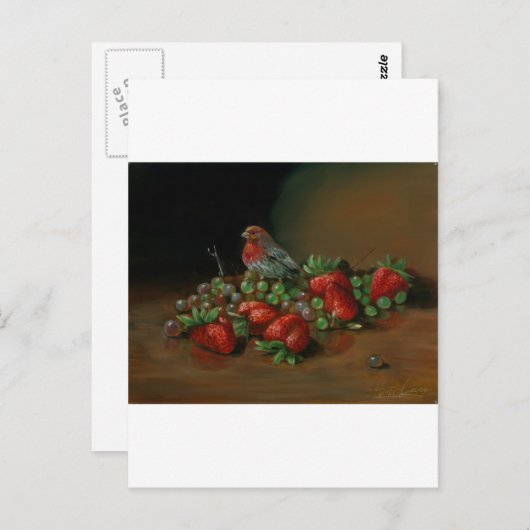 Erdbeeren, Finkenvogel und Früchte Erdbeeren Postkarte (Vorne/Hinten)