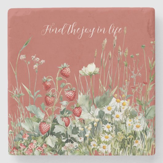 Erdbeeren Gänseblumen Blumen Steinuntersetzer (Vorderseite)