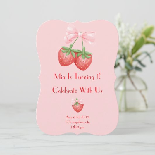 Erdbeeren Geburtstag Einladung (Stehend Vorderseite)