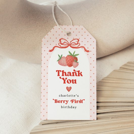 Erdbeeren Geburtstagsfeier mit Erdbeer-Schleife zu Geschenkanhänger