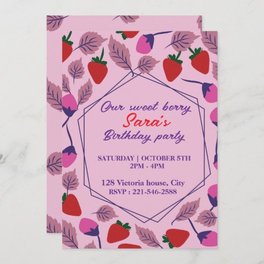 Erdbeeren Geburtstagsparty Einladung (Vorne/Hinten)
