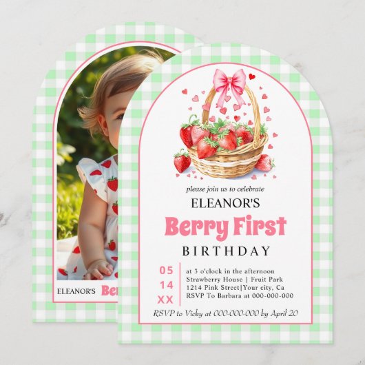 Erdbeeren grün Gingham Beere Erster Geburtstag Einladung (Vorne/Hinten)