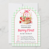 Erdbeeren grün Gingham Beere Erster Geburtstag Einladung (Vorderseite)