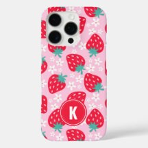 Erdbeeren im Blumenmuster mit Monogramm in Rosa un