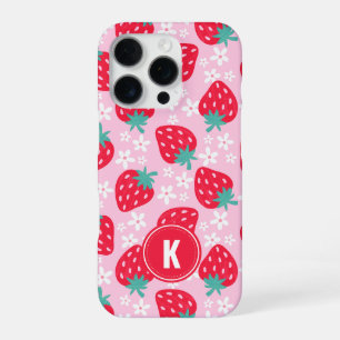 Erdbeeren im Blumenmuster mit Monogramm in Rosa un iPhone 16 Pro Hülle