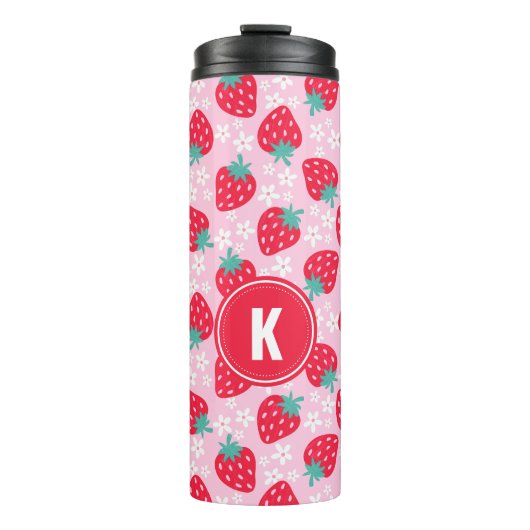Erdbeeren im Blumenmuster mit Monogramm in Rosa un Thermosbecher (Vorderseite)