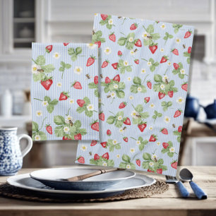 Erdbeeren in Bienen Wasserfarbe Blaues Button Stre Geschirrtuch