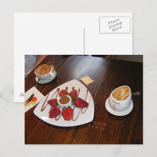 Erdbeeren, Kaffee und Schokolade. Postkarte (Vorne/Hinten)