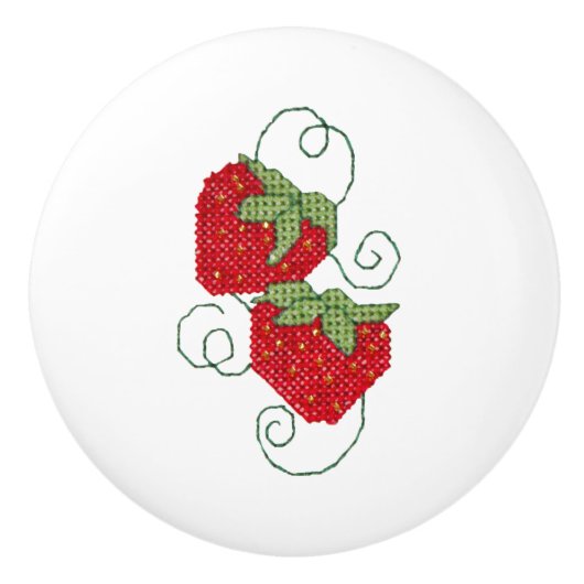 Erdbeeren Kreuzstich Keramikknauf (Vorderseite)