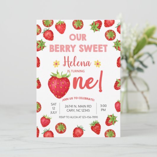 Erdbeeren Mädchen Beere süßen Geburtstag Einladung (Stehend Vorderseite)