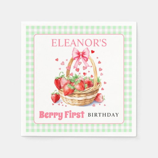 Erdbeeren Minze Gingham Berry Erster Geburtstag Serviette (Vorderseite)