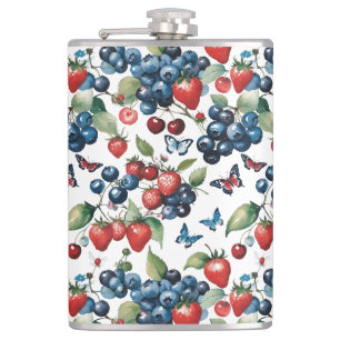 Erdbeeren mit Blaubeeren und Schmetterlingen Flachmann