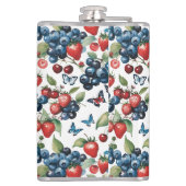 Erdbeeren mit Blaubeeren und Schmetterlingen Flachmann (Rückseite)