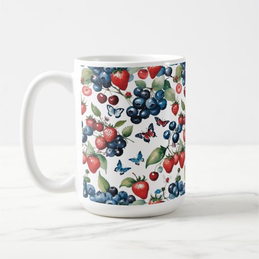Erdbeeren mit Blaubeeren und Schmetterlingen Kaffeetasse (Links)