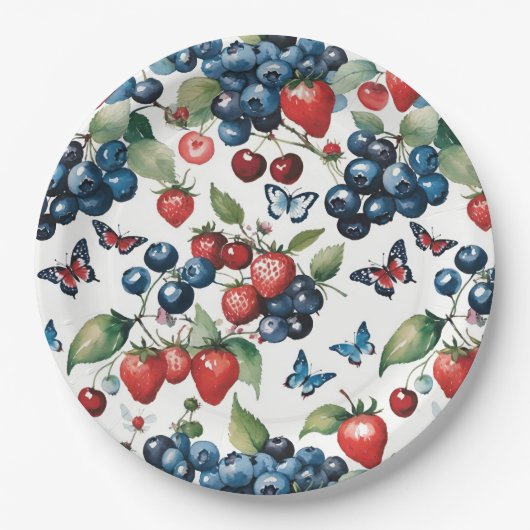 Erdbeeren mit Blaubeeren und Schmetterlingen Pappteller (Vorderseite)
