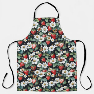 Erdbeeren mit Blume und Schmetterlinge schwarz Schürze