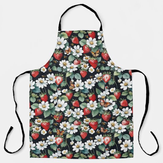 Erdbeeren mit Blume und Schmetterlinge schwarz Schürze (Vorderseite)