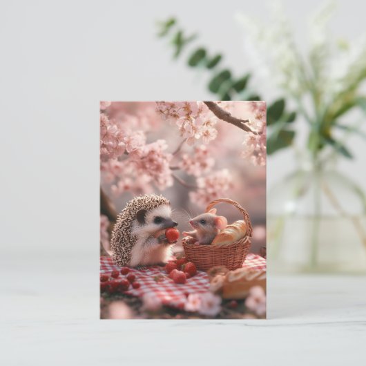 Erdbeeren mit Igel und Maus - Picnic Postkarte (Stehend Vorderseite)