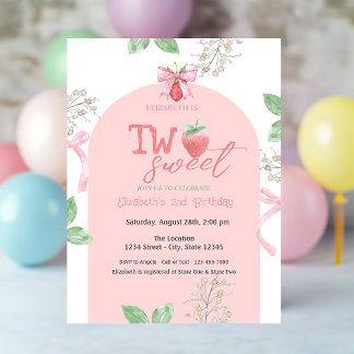 Erdbeeren Pink Bow Two Sweet 2. Geburtstag Einladung
