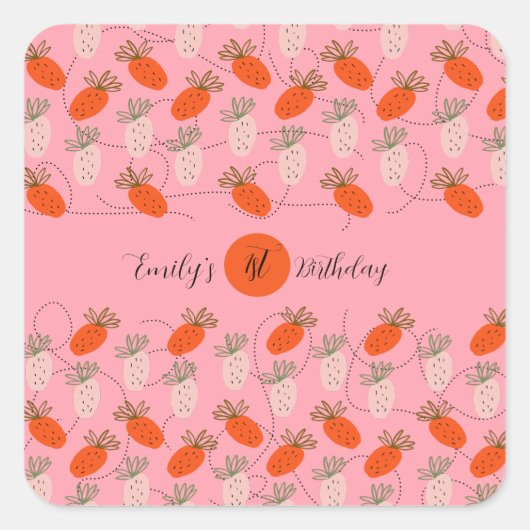 Erdbeeren Pink White Doodle Geburtstag Quadratischer Aufkleber (Vorderseite)