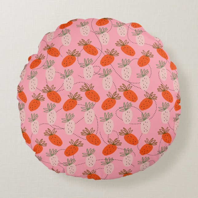 Erdbeeren Pink White Doodle Muster Rundes Kissen (Vorderseite)