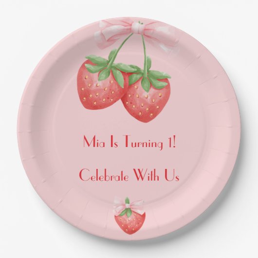 ERDBEEREN ROSA SCHLEIFE GEBURTSTAG PAPPTELLER (Vorderseite)