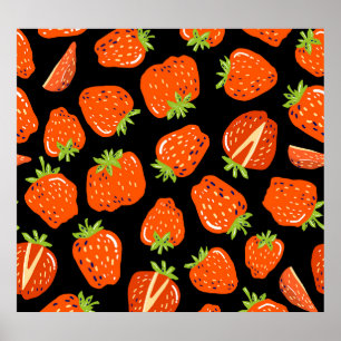 Erdbeeren Schwarz: Vintage Nahtlose Textur Poster